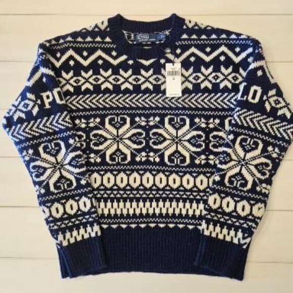 Ralph Lauren Navy and White Wool Snowflake Sweater - NWT - Medium - Picture 1 of 7